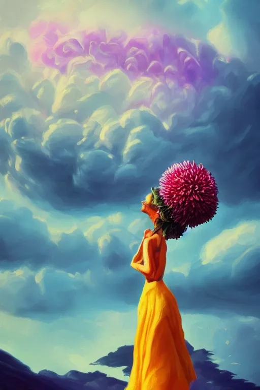 Image similar to closeup giant dahlia flower over the head, girl standing on mountain, surreal photography, blue storm clouds, dramatic light, impressionist painting, digital painting, artstation, simon stalenhag