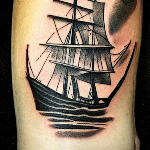 Prompt: realism tattoo design sketch of a pirate ship, in the style of Niki Norberg