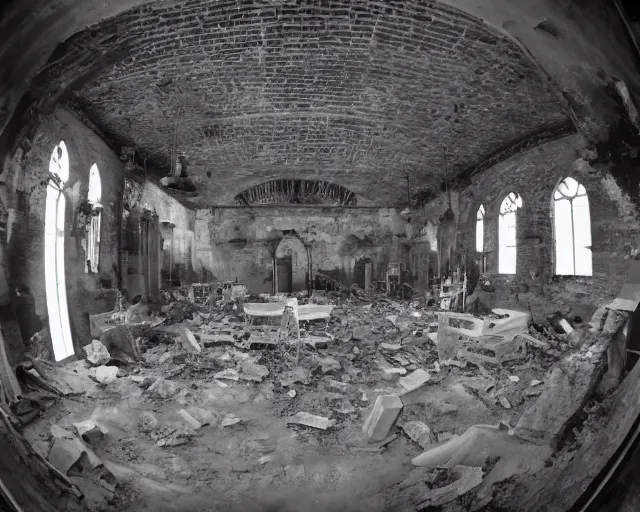 Prompt: camera footage of a group of soldiers in an abandoned church, high exposure, dark, monochrome, camera, grainy, CCTV, security camera footage, timestamp, zoomed in, fish-eye lense,
