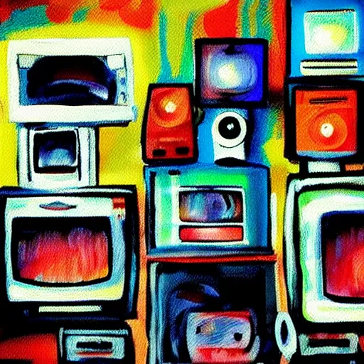 Prompt: fuzzy, furry, array of crt televisions, tv static, antenna, stacked, polaroid, steroids, adult video store, impressionist painting, painting, acrylic painting, cell shaded