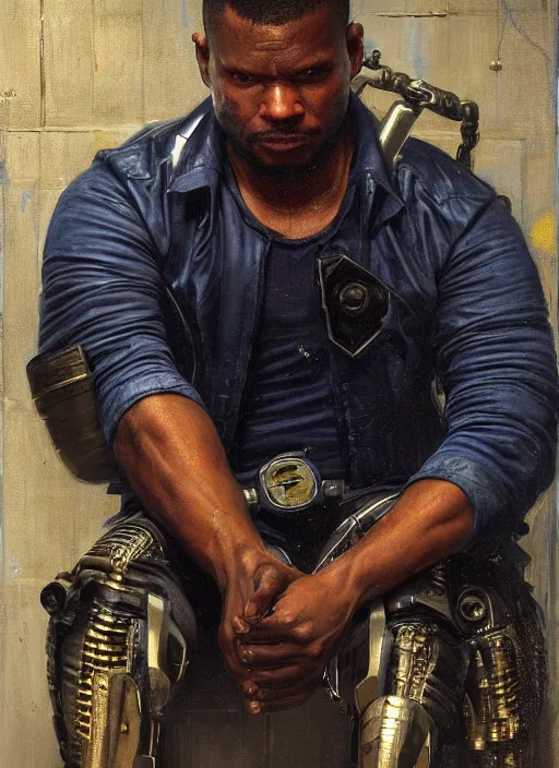 Prompt: Chidi Igwe. Strong Cyberpunk mechanic with robotic legs. (Cyberpunk 2077, bladerunner 2049). handsome face. Iranian orientalist portrait by john william waterhouse and Edwin Longsden Long and Theodore Ralli and Nasreddine Dinet, oil on canvas. Cinematic, vivid colors, hyper realism, realistic proportions, dramatic lighting, high detail 4k