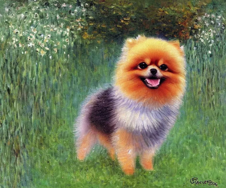 Image similar to pomeranian, cute, monet, oil painting