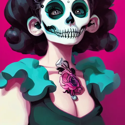 Prompt: a portrait of a girl skull face, betty boop, in the style of artgerm, charlie bowater, atey ghailan and mike mignola, vibrant colors and hard shadows and strong rim light, plain background, comic cover art, trending on artstation