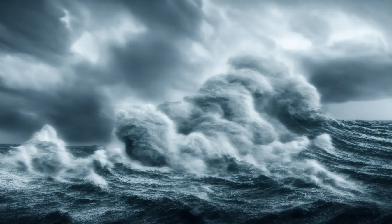 Image similar to lake, big waves, strong wind, raining, storm, distant thunder, launched nuclear rockets far away, atmospheric, scary, claustrophobic, ambient vibe, very detailed, high resolution, 8 k