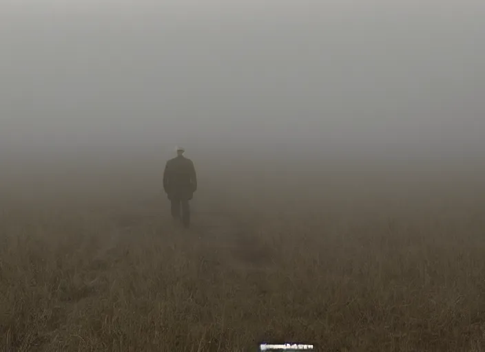 Prompt: screenshot from moody scene of Donald Trump in a foggy field entering the zone, scene from the film Stalker 1979 film directed by andrei tarkovsky, kodak film stock, anamorphic lens, 4K, film grain, detailed, stunning cinematography