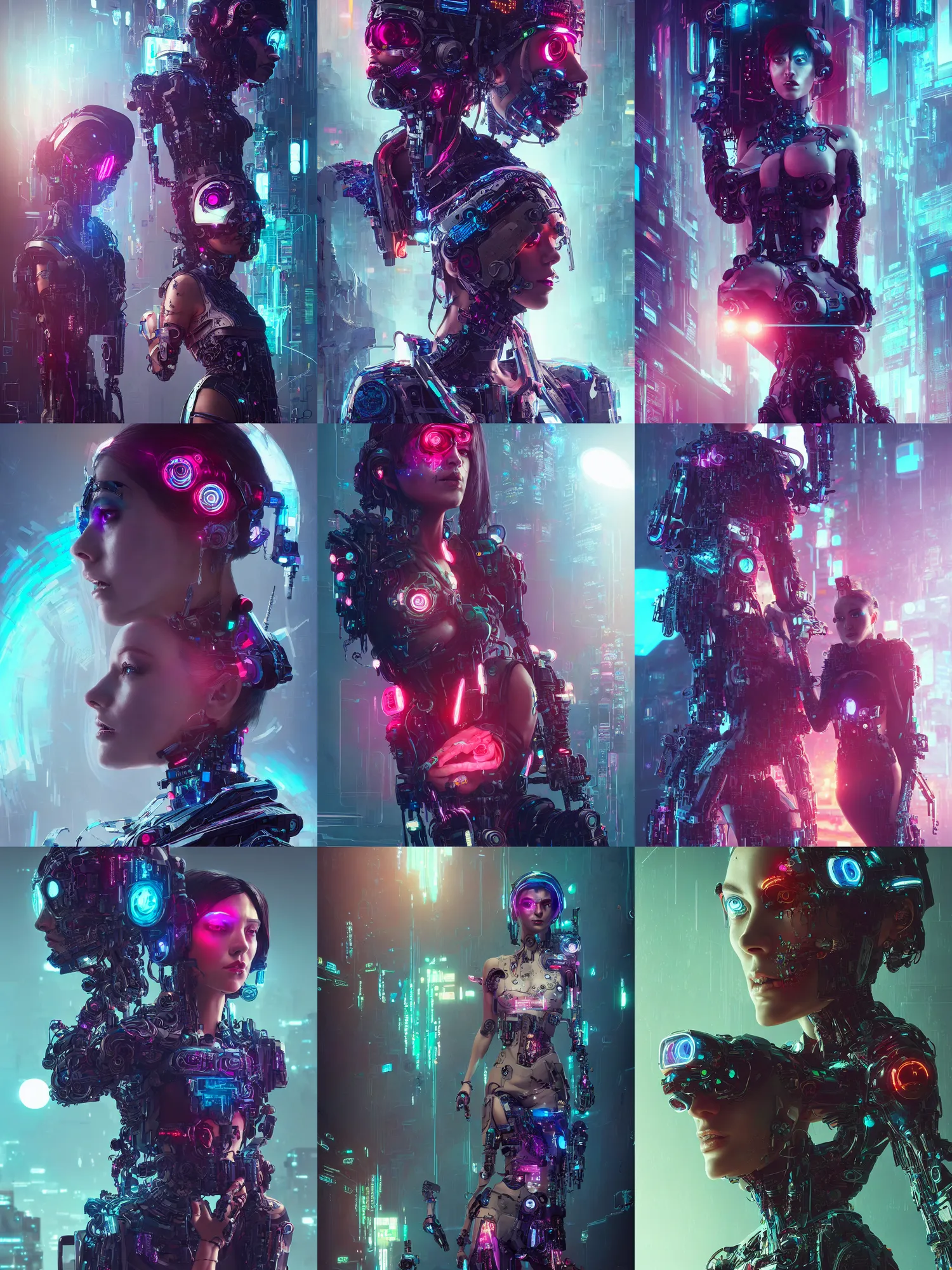 Image similar to portrait of agatha vega as a cyberpunk cyborg. sci - fi, missing panels, intricate abstract upper body intricate artwork, by tooth wu, wlop, beeple, dan mumford. concept art, octane render, deviantart, greg rutkowski, cinematic, key art, hyperrealism, iridescent accents