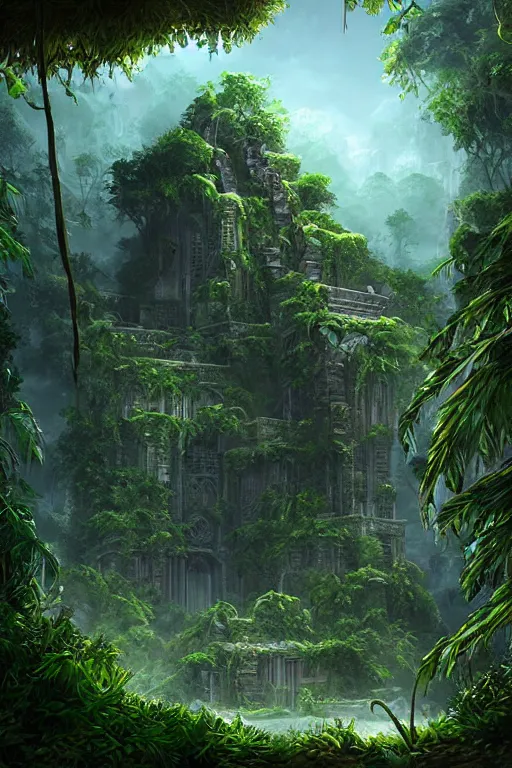 Image similar to epic professional digital art of a fantasy jungle ruins cgsociety wlop behance by pixiv
