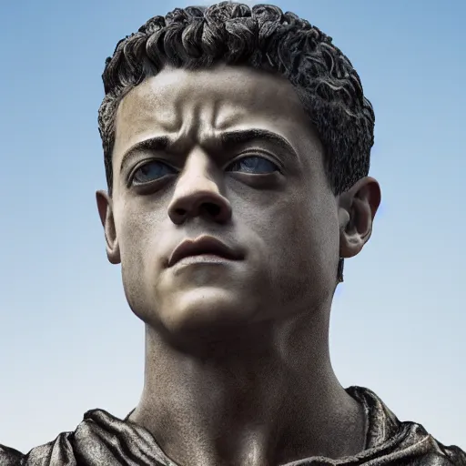 Prompt: rami malek as statue of ancient roman emperor, 3 d realism, high resolution render, museum photoshot, 8 k