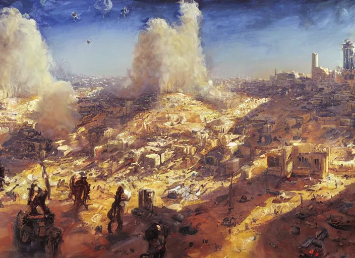 Image similar to a highly detailed beautiful portrait of jerusalem under attack by aliens, by gregory manchess, james gurney, james jean