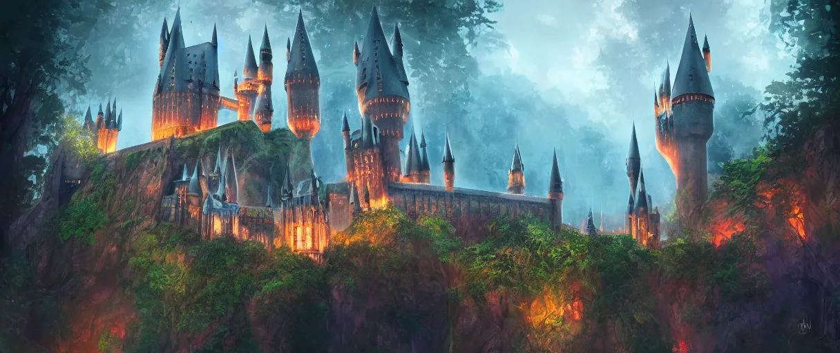 Prompt: huge hogwarts type castle city in the forest behind a garden, concept art, digital painting, style of jordan grimmer, warm lighting, futuristic, volumetric lighting, view from below, vivid colours, bright, daytime, godrays, high detail