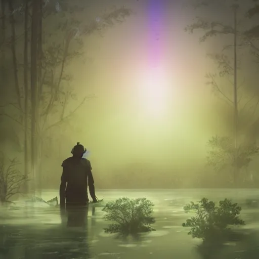 Prompt: a dirty lost person is following a floating blue glowing ball of light through a foggy swamp , Eternal cardgame art style .