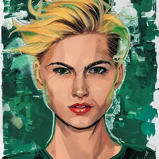 Prompt: a portrait of a young blonde woman with side profile green in ocean intricate details by MARVEL comics and Sandra Chevrier