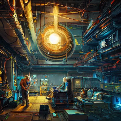 Image similar to fusion reactor in a cyberpunk tinkerer's workshop cryengine render by android jones, james christensen, rob gonsalves, and tim white