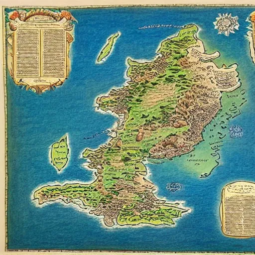 Image similar to A map of a large island, coloured pencils and ink, beautiful, highly detailed, in the style of Middle Earth Lord of the Rings