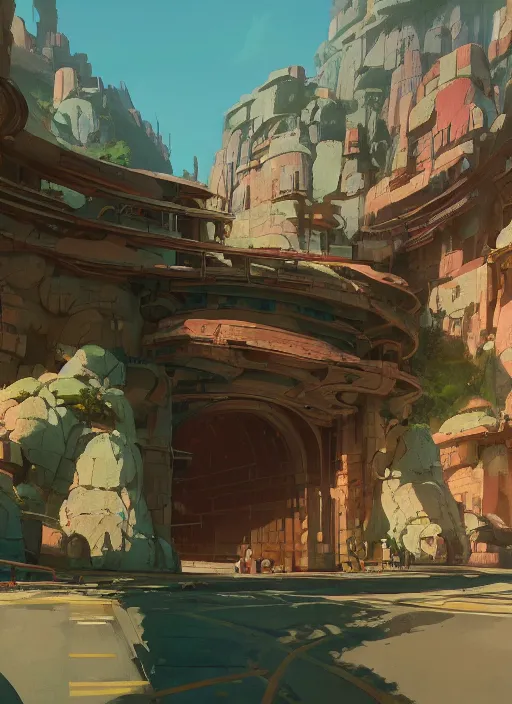 Image similar to warm canyon with giant gate entrance, nuclear powered, detailed, futuristic, cory loftis, james gilleard, atey ghailan, makoto shinkai, goro fujita, studio ghibli, rim light, exquisite lighting, clear focus, very coherent, plain background