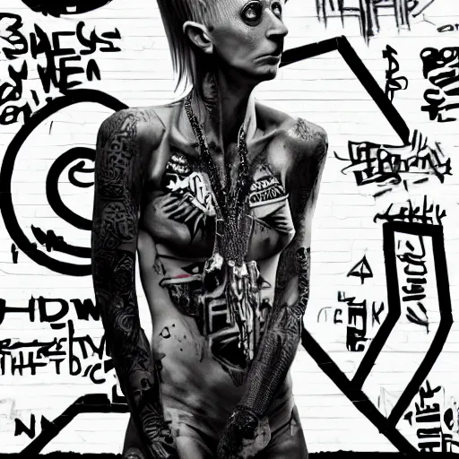 Image similar to die antwoord chappie, back and white, zef design graffiti in the background, dark lighting, digital art