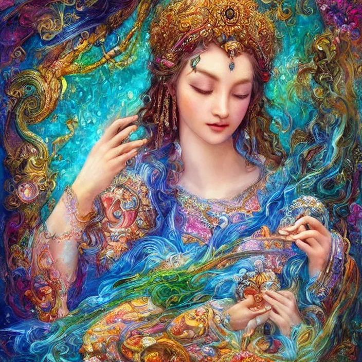 Image similar to goddess of water checking her phone, magic realism, art by josephine wall, art by huang guangjian, art by viktoria gavrilenko, art by amanda sage, trending on artstation