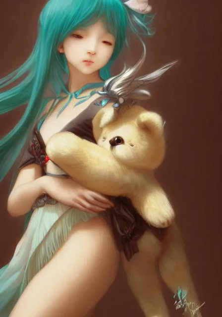 Image similar to hatsune miku holding a teddy bear, intricate, elegant, highly detailed, digital painting, artstation, concept art, smooth, sharp focus, illustration, art by artgerm and greg rutkowski and alphonse mucha and william - adolphe bouguereau