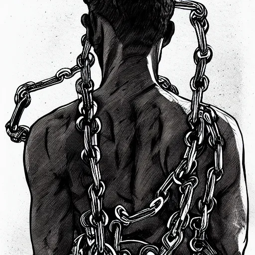 Image similar to A PORTRAIT FROM BEHIND OF A MAN ,THE THE MAN IS WRAPPED IN CHAINS ,detailed, concept art, ink style , sketch