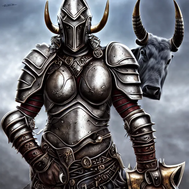 Image similar to warrior with metal bull armour, highly detailed, 4 k, hdr, smooth, sharp focus, high resolution, award - winning photo, artgerm, photorealistic