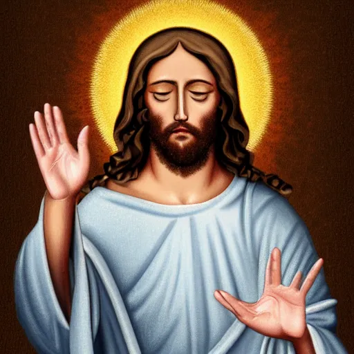 Image similar to jesus holding his right hand in his face, digital art