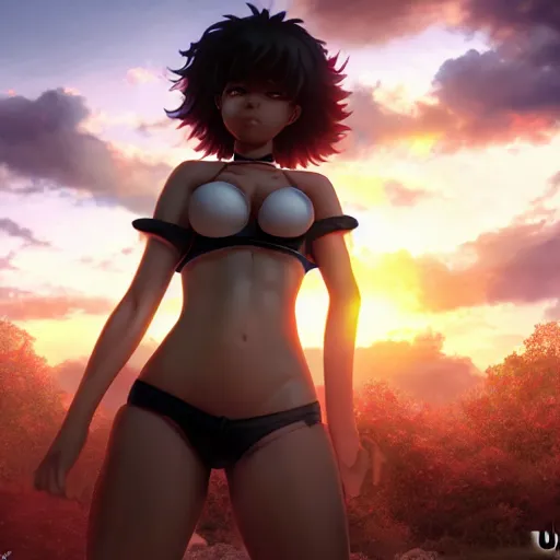 Image similar to a beautiful 3d brown anime girl, brown skin, black curly hair, thick body, Cinematic lighting, medium shot, in a anime masterpiece, highly detailed, Trending on artstation, unreal engine 4k, Cinematic wallpaper