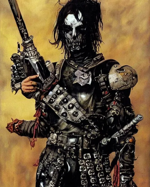 Image similar to portrait of a skinny punk goth soldier wearing armor by simon bisley, john blance, frank frazetta, fantasy, barbarian