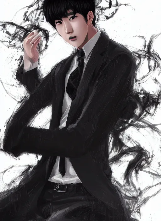 Image similar to a highly detailed illustration of attractive korean man with bowl cut black hair wearing shirt and tie, wielding giant black mist claws pose, tired expression, black mist surrounding background, intricate, elegant, highly detailed, centered, digital painting, artstation, concept art, smooth, sharp focus, league of legends concept art, wlop.