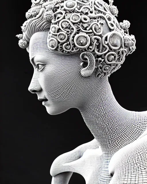 Prompt: bw 3 d render of a beautiful female queen - cyborg - vegetal, intricate fractal ornament in the bust with a very long neck, elegant, highly detailed intricate rococo ornament in her blond long hair, realistic, refined, highly detailed, cinematic outdoor lighting, by flora borsi in the style of dora maar, volumetric lighting, hyper realistic photography