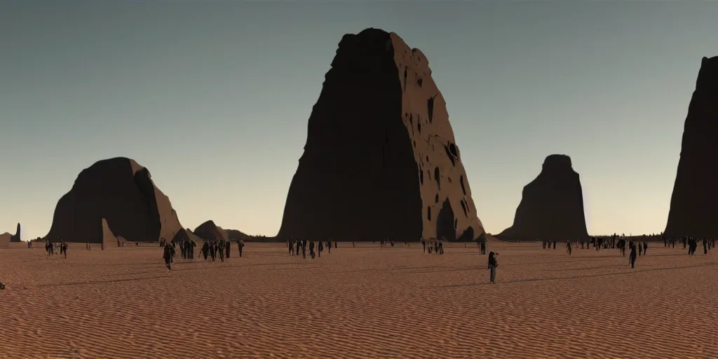 Prompt: an enormous alien black monolith in the desert, a large line of people are walking toward it in a line! starting at the foreground and ending at the building, single file, in the foreground on a rock is an alien creature catching a fly with its tongue, two suns are in the sky, clear skies, volumetric light, hyperdetailed, artstation, cgsociety, 8k