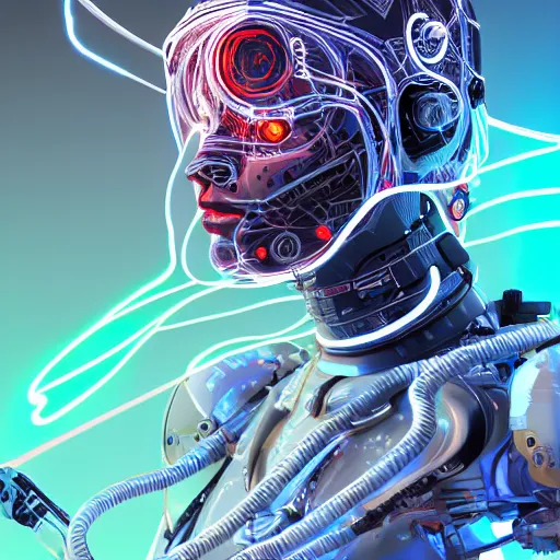 Image similar to a beautiful fighting body of a bot fighter pilot woman mostly made of wires and electronic circuits board led luminous, an ultrafine detailed illustration by james jean, final fantasy, intricate linework, bright colors, behance contest winner, vanitas, angular, altermodern, unreal engine 5 highly rendered, global illumination, radiant light, detailed and intricate environment