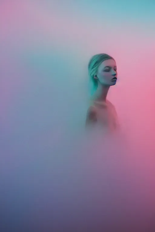 Image similar to high quality pastel coloured film close up wide angle photograph of a model wearing clothing swimming on cloud furniture in a icelandic black rock!! environment in a partially haze filled dreamstate world. three point light, rainbow. photographic production. art directed. pastel colours. volumetric clouds. pastel gradient overlay. waves glitch artefacts. extreme facial clarity. 8 k. filmic.