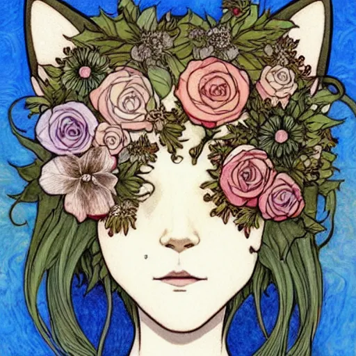 Image similar to cat smelling flowers, in the style of chiara bautista, mucha