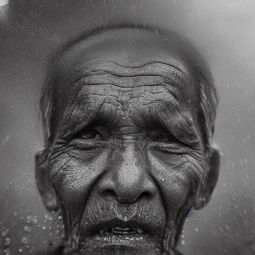 Image similar to Monochrome portrait of an intense old Nepali man on a rainy misty Kathmandu street at night, the only light source are bright overhead street lights, close-up, motion blur, grainy Tri-x pushed to 3200, 24mm tilt-shift, water drops on the lens, holga