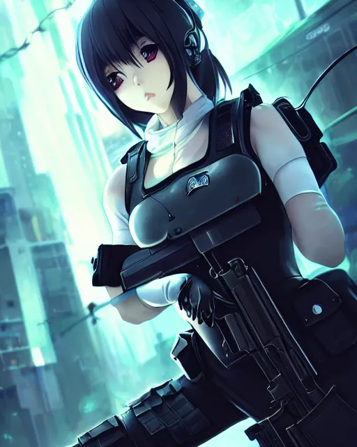 Image similar to 2 b, anime key visual of a young female swat officer, neon, cyberpunk, futuristic, white outfit, black swat vest, swat helmet, holding pdw, stunning, highly detailed, digital painting, smooth, soft focus, illustration, poster, japanese typography, digital art from artstation by artgerm and greg rutkowski and alphonse mucha