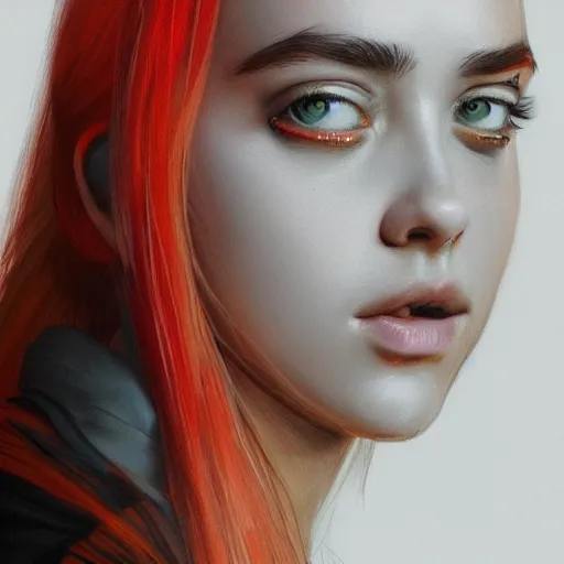 Image similar to a well designed portrait of Billie Elish, beauty, detailed, realistic, Artstation, Greg Rutkowski, 8K resolution.