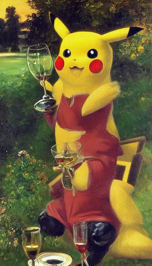 Image similar to still life painting of Pikachu drinking wine in a garden by Peder Krøyer, golden hour, dramatic lighting, intricate detail, canvas print