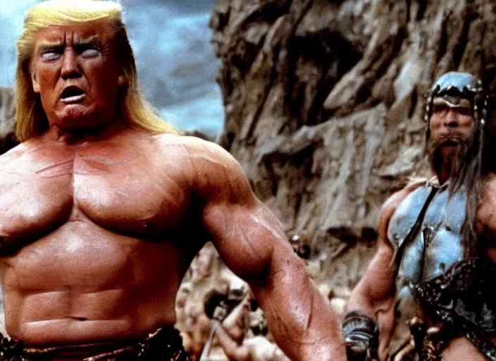 Image similar to still of muscular donald trump in conan the barbarian directed by frank frazetta, high resolution