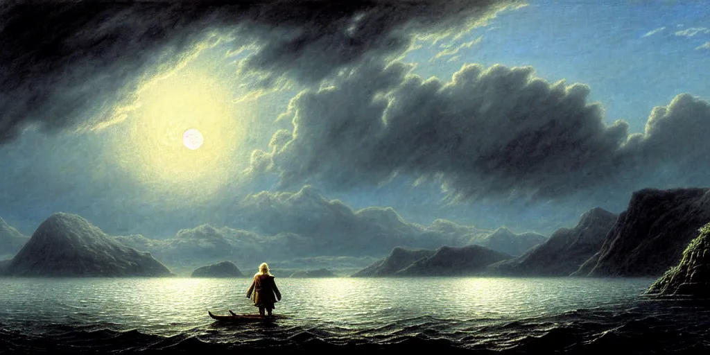 Prompt: lord of the rings scenery landscape, a hobbit out at a staring across the sea from the shore at a white timber sail boat leaving harbour, evening, highly detailed, vivid colour, soft clouds, full moon low in sky, cinematic lighting, perfect composition, gustave dore, derek zabrocki, greg rutkowski, belsinski