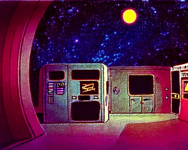 Image similar to interior shot of a space port at night, retro punk, cinematography by Jim Jarmusch, composition by Hale Woodruff,in the style of robert doisneau, grafitti by Aphex Twin, background by Moebius.