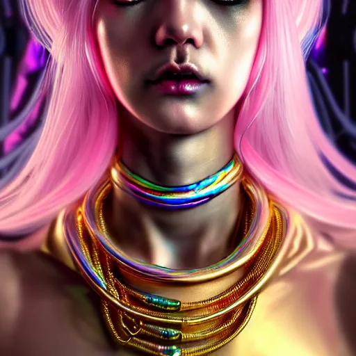 Prompt: hyperdetailed close portrait of a stunningly beautiful cyberpunk venus girl androgynous wizard made of iridescent metals and shiny pink gems, bright rainbow nimbus, gold necklace, gold background inspired by ross tran and masamune shirow and kuvshinov, concept art, intricate, photorealistic, octane render, rtx, hdr, unreal engine, dnd digital art by artgerm