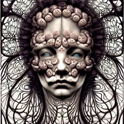 Image similar to detailed realistic porcelain beautiful calaveras death goddess face portrait by jean delville, gustave dore, iris van herpen and marco mazzoni, art forms of nature by ernst haeckel, art nouveau, symbolist, visionary, gothic, neo - gothic, pre - raphaelite, fractal lace, intricate alien botanical biodiversity, surreality, hyperdetailed ultrasharp octane render