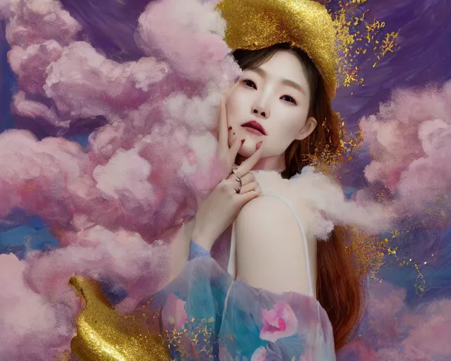 Image similar to lee jin - eun in elegant chic interstellar lush dress emerging from gold gold by martine johanna, michael garmash and katsuhiro otomo, rule of thirds, seductive look, beautiful, cotton candy clouds, puyallup berteronian, himalayan poppy flowers, gorgeous, face anatomy, masterpiece, refined, cute complexity