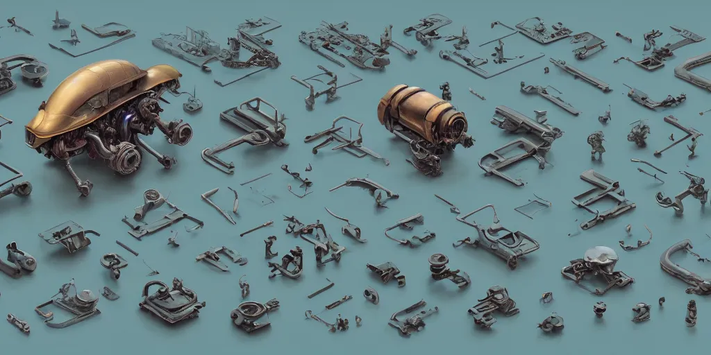 Image similar to collection of exploration of form and shapes, moebius, engine, props, hard surface, panel, simon stalenhag, kitbash, items, gadget, big medium small, close up, vehicles, futuristic, parts, machinery, greebles, insanely detailed, case, hardware, golden ratio, wes anderson color scheme, in watercolor gouache detailed paintings, sleek design, clear