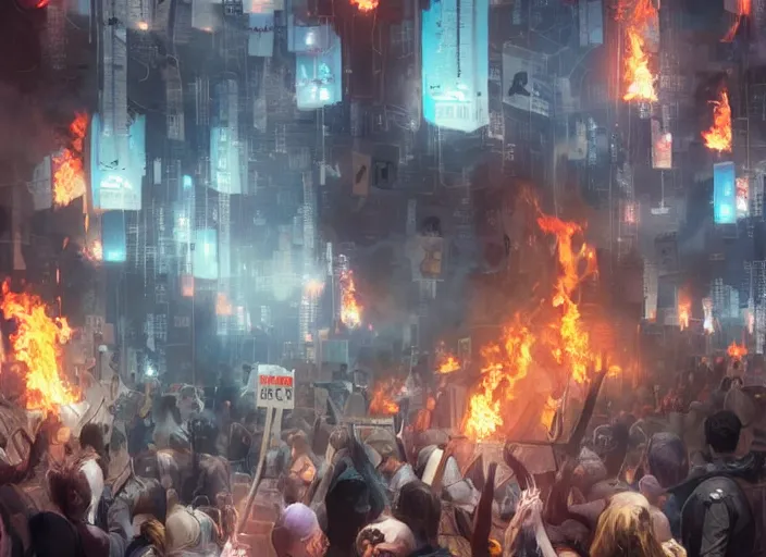 Image similar to protesters holding placards, detailed digital illustration by greg rutkowski, fire, android netrunner