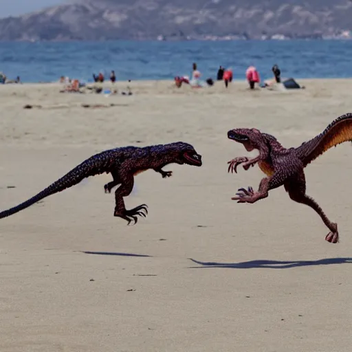 Image similar to velociraptors chasing people on the beach in california