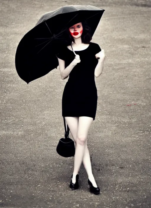 Prompt: a beautiful white pale skin girl, full body, black dress, vibrent red lipstick, a black hat, black umbrella black and white