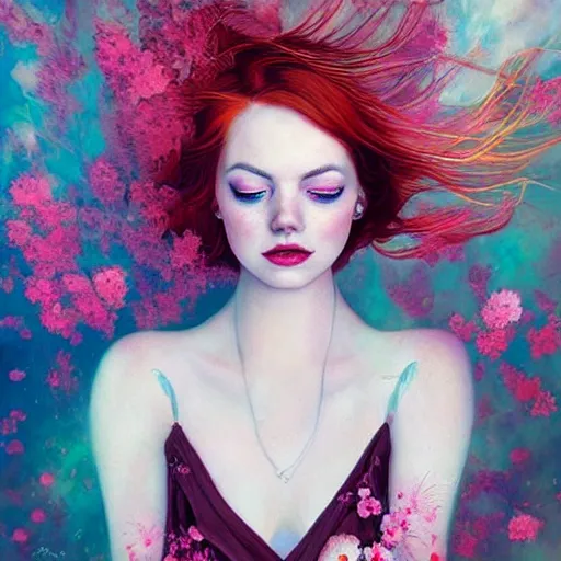 Prompt: aesthetic! angelic! redhead emma stone portrait by Anna Dittmann and Harumi Hironaka and Filip Hodas, flowers, magical, artsy, impressionism