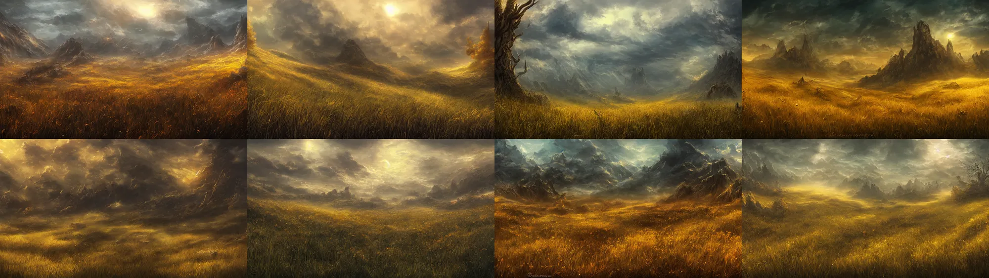 Prompt: golden grasslands, dark fantasy artwork, award winning, a 12x(very) much detailed beautiful scenery, artstation