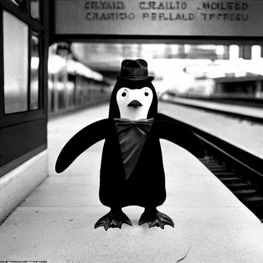 Image similar to A photo of a penguin wearing a conductor's hat at a Chicago train station, 1990, award-winning